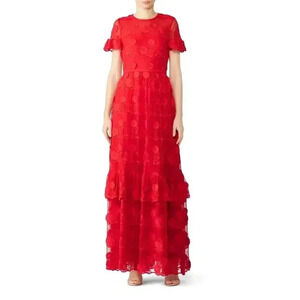 ML Monique Lhuillier Red Floral Tiered Gown | Red | SZ 10